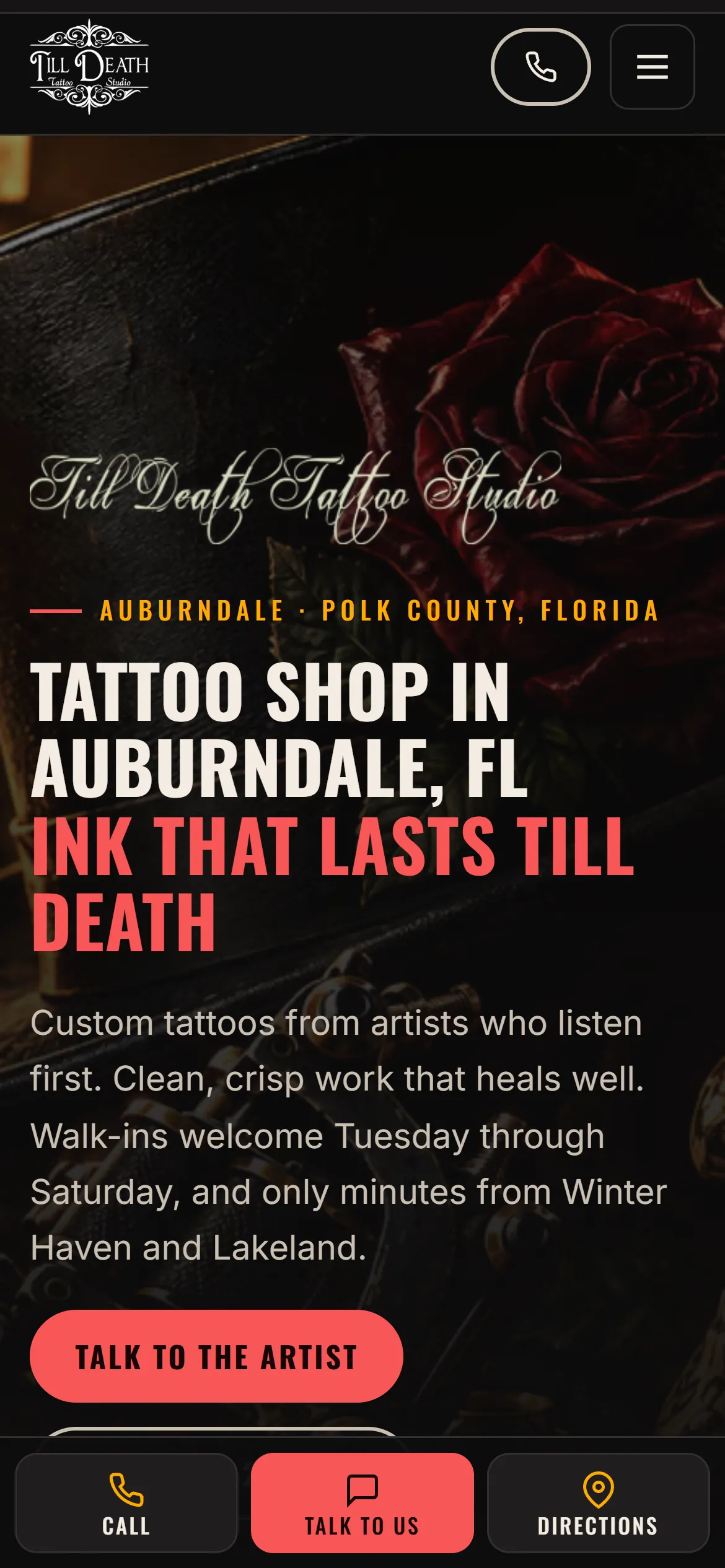 Till Death Tattoo Studio home page on a phone: Tattoo shop in Auburndale, FL, with a Talk to the artist button