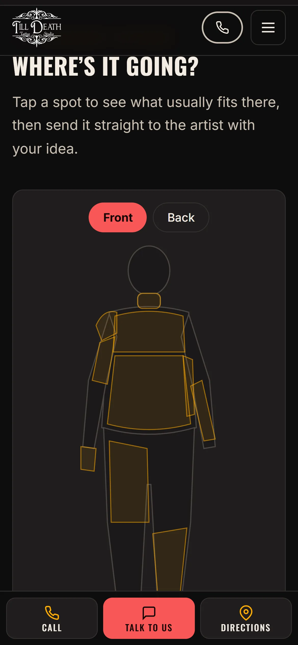A body outline where visitors tap the spot for their tattoo