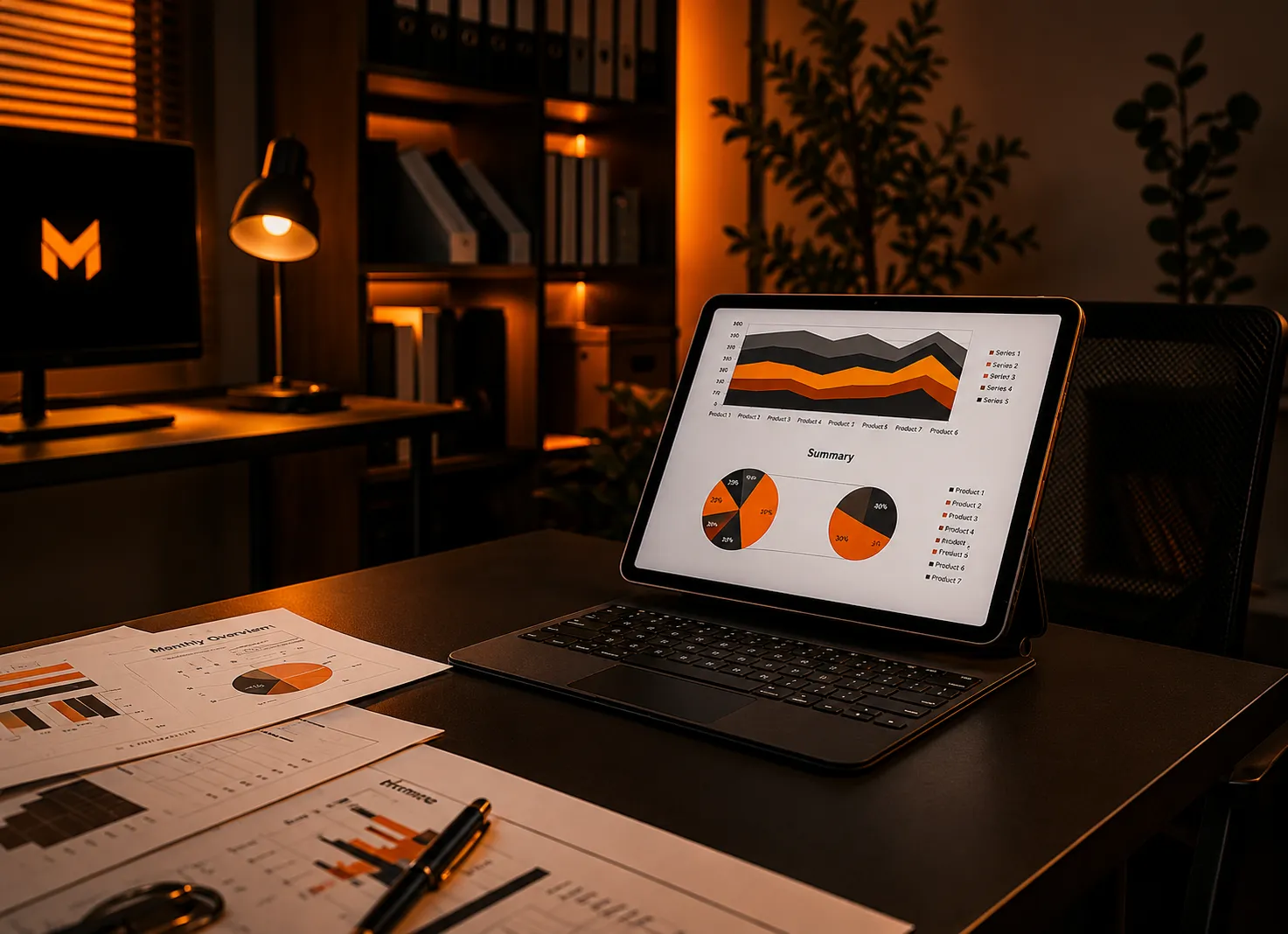 Tablet showing campaign analytics on a desk in a dimly lit office