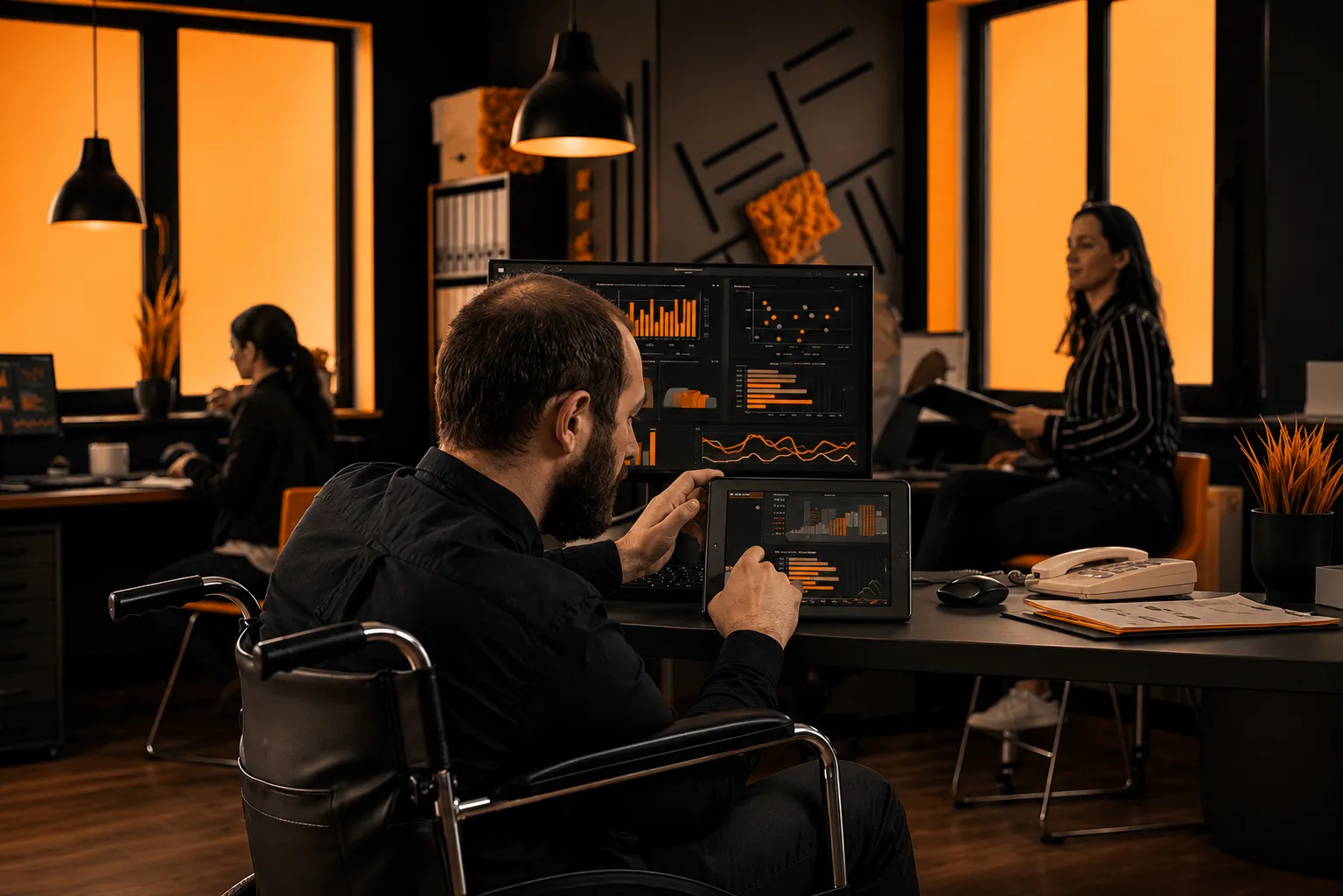 Team reviewing campaign data on two monitors in an office with orange lighting