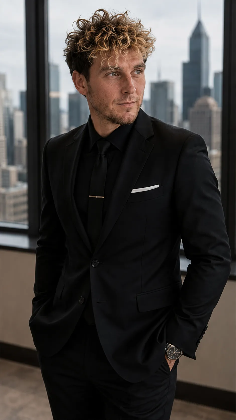 Josh Blake, founder and CEO of JABstract, in a black suit with a city skyline behind him