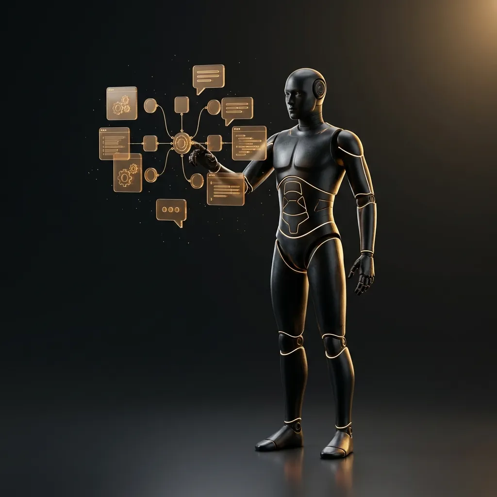Black AI robot arranging glowing workflow automation panels