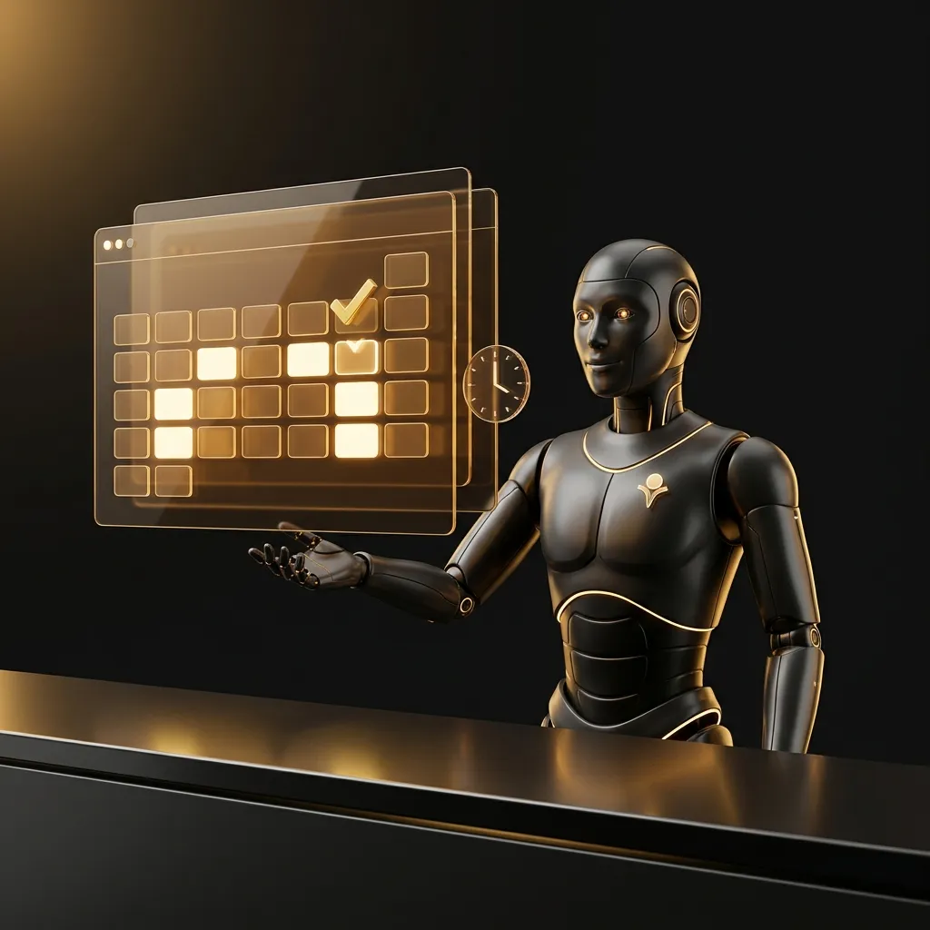 Concierge robot presenting a holographic booking calendar with a confirmed appointment checkmark