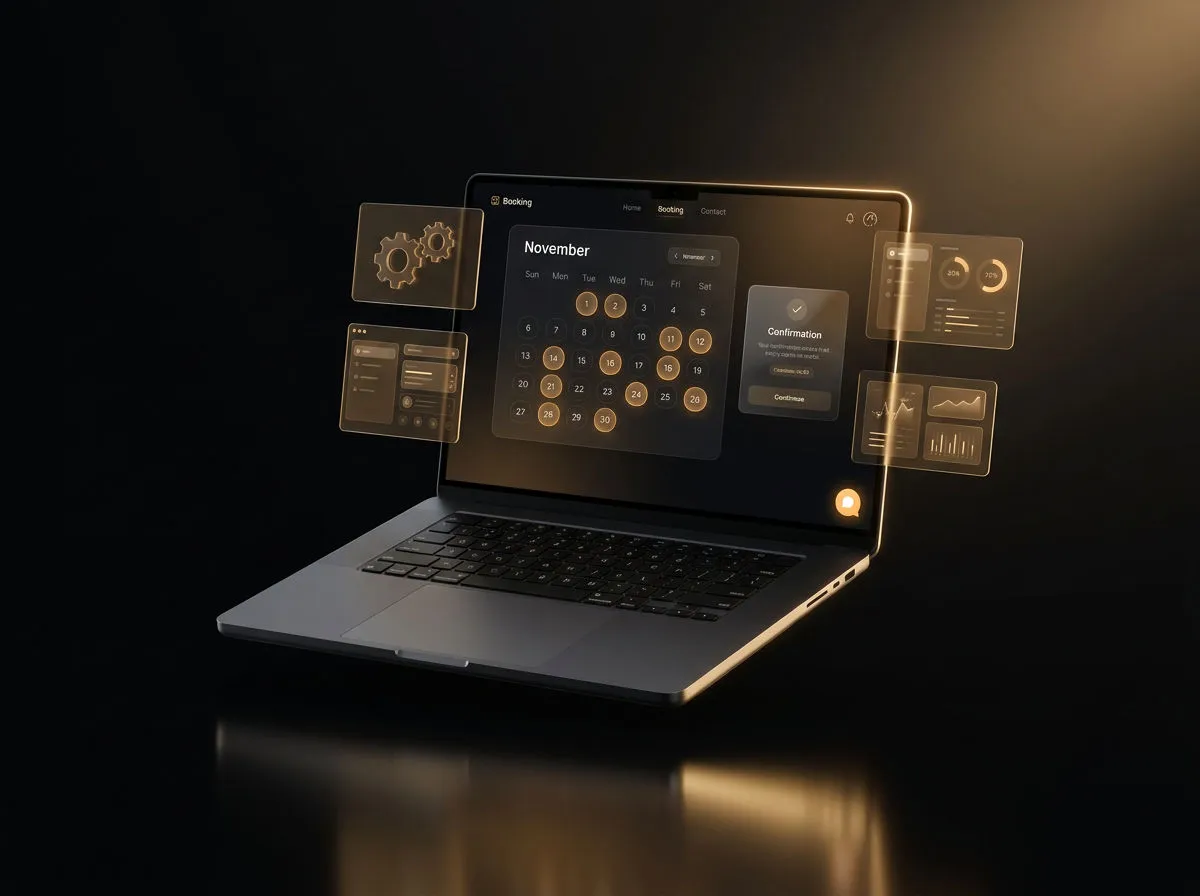 Laptop showing a booking website with calendar time slots and a confirmation card