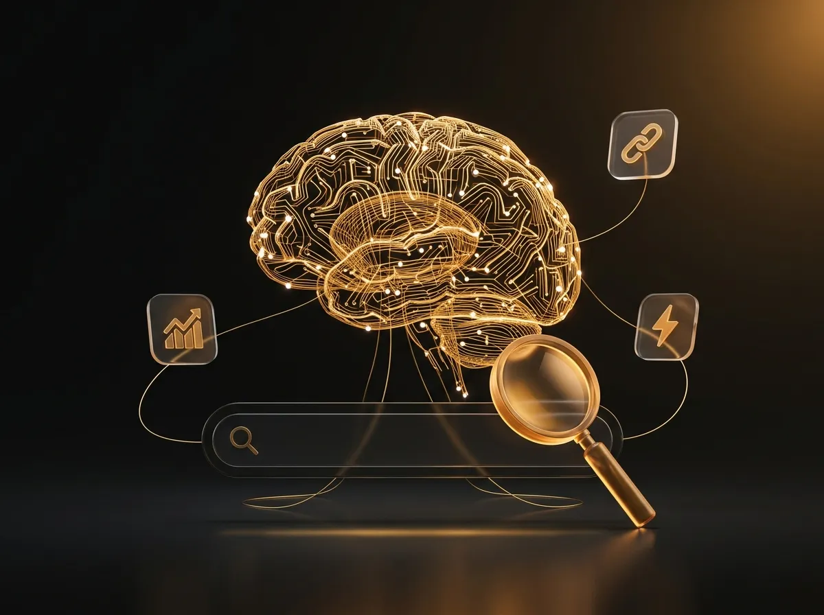 Circuit-wired brain above a search bar with a magnifying glass, representing AI-powered SEO