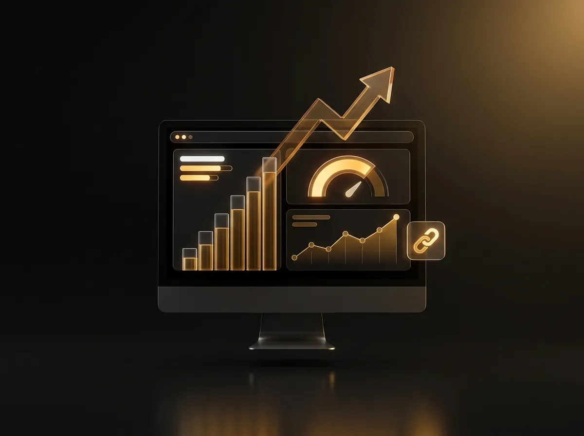 Desktop monitor showing an SEO dashboard with climbing keyword bars and an upward arrow
