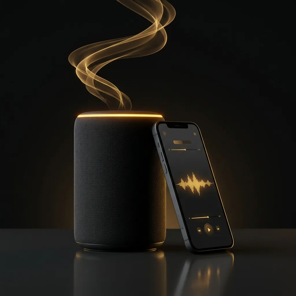 Black smart speaker with an amber light ring beside a smartphone voice app