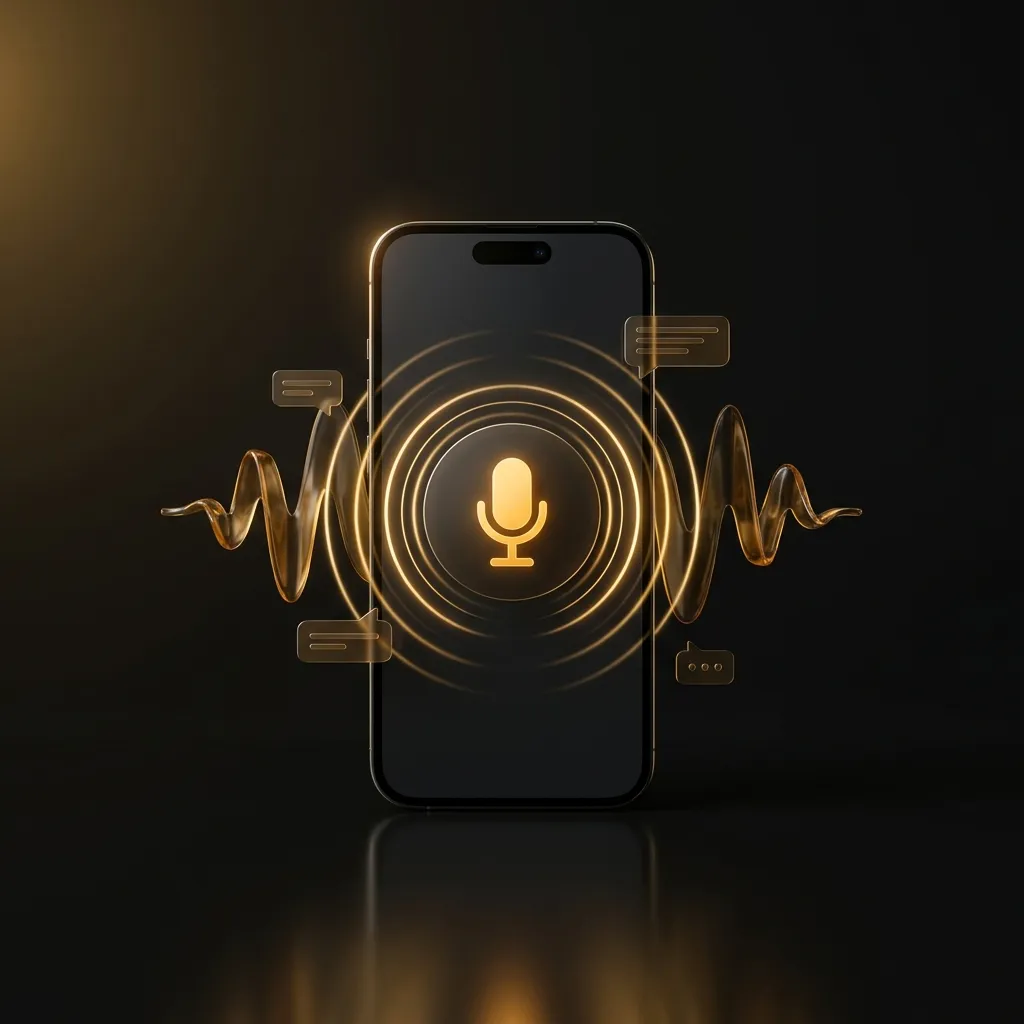 Smartphone with a glowing microphone icon and voice waveform rings