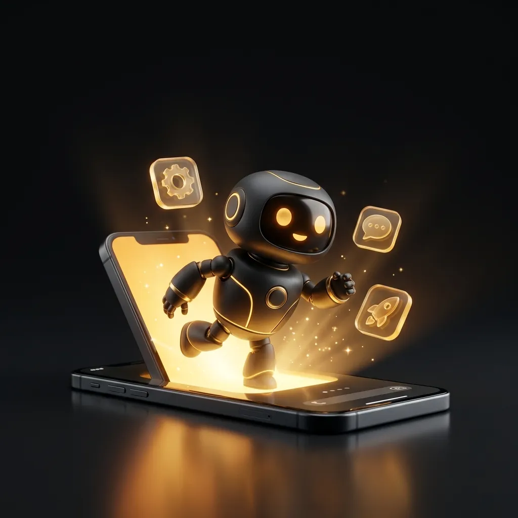 Black and gold robot mascot climbing out of a smartphone screen with floating app icons