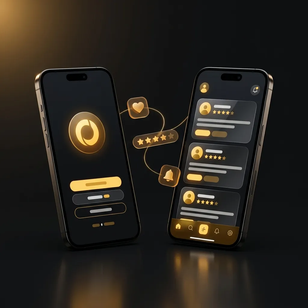 Two smartphones showing a dark mobile app with an amber logo badge, feed cards and navigation icons