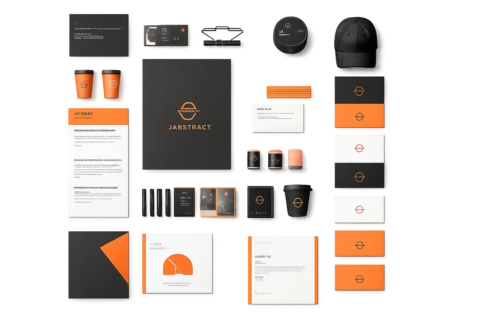 Branded stationery set in black and orange with cards, cups, pens and a cap