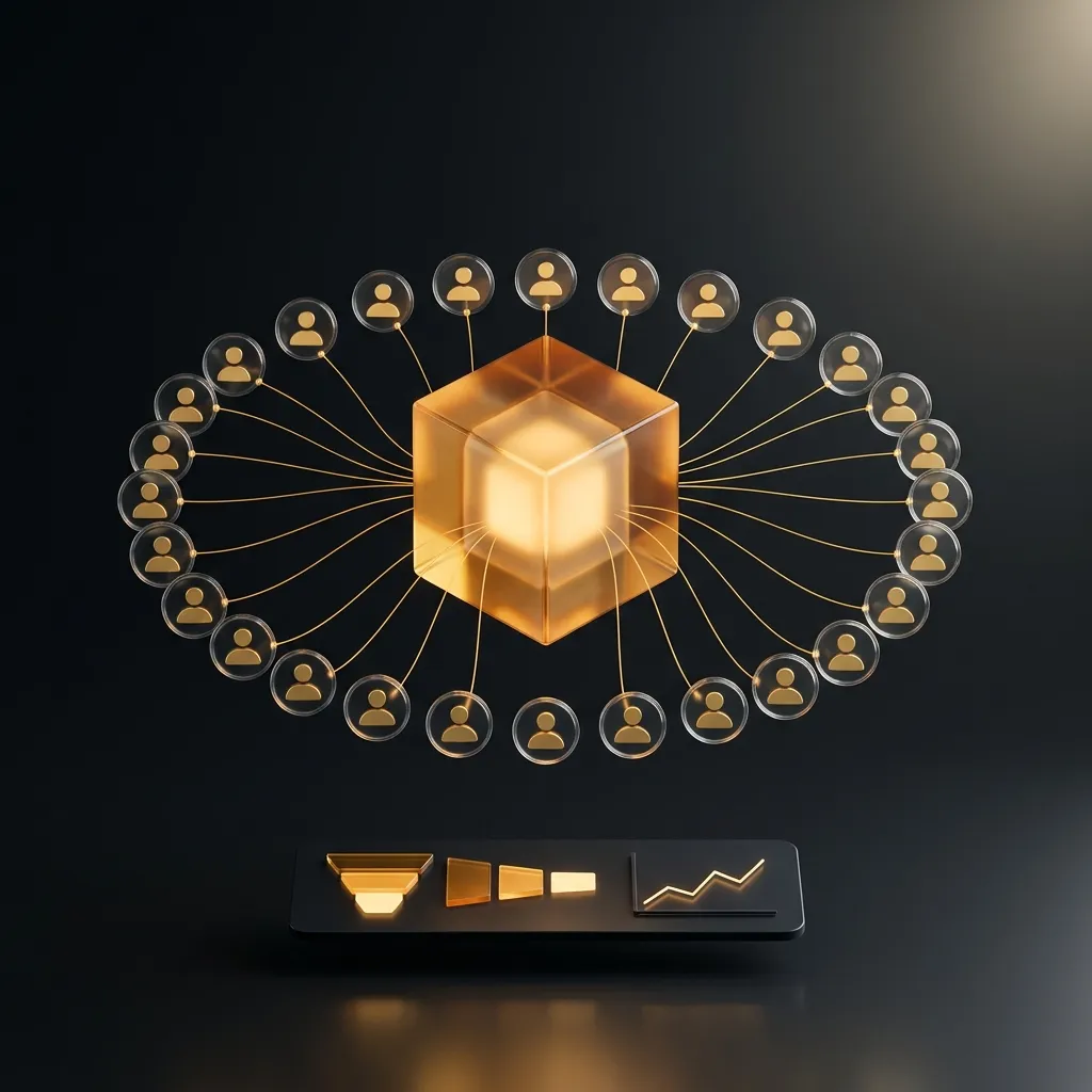 Glowing glass cube hub connected to a ring of customer avatars above a sales pipeline panel