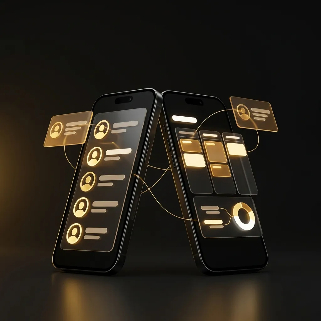 Two smartphones showing CRM contact cards and a kanban sales pipeline