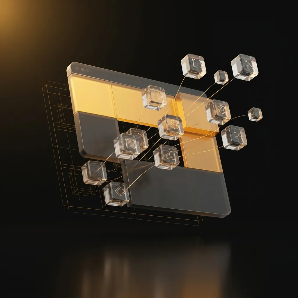 Modular glass code blocks assembling into an application window over a blueprint grid