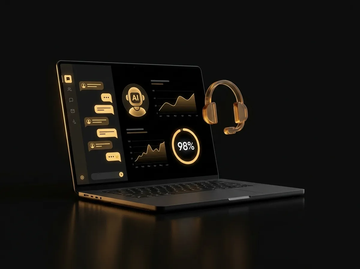 Laptop showing a customer support live chat dashboard with an AI assistant