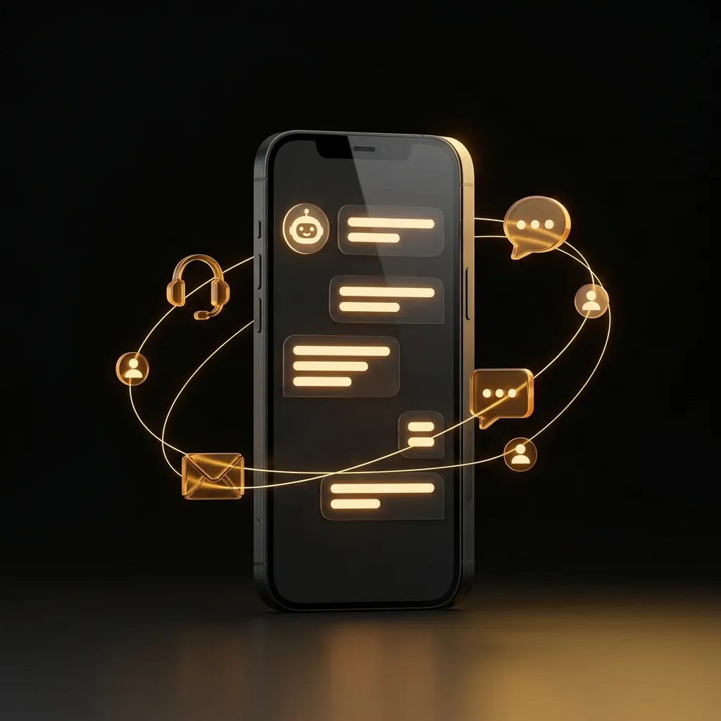 Smartphone showing an AI support chat with message bubbles and headset, envelope and user icons