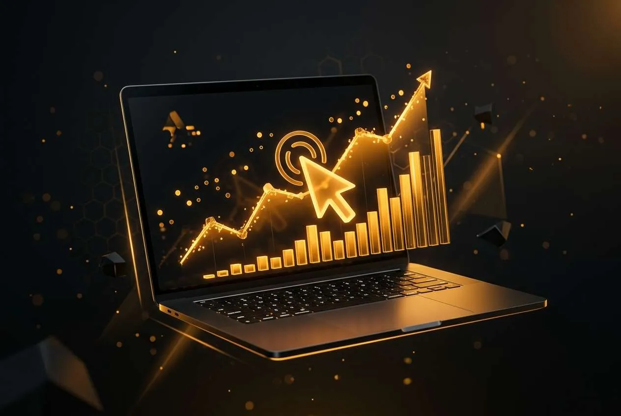 Laptop showing Google Ads performance charts trending upward with a click cursor