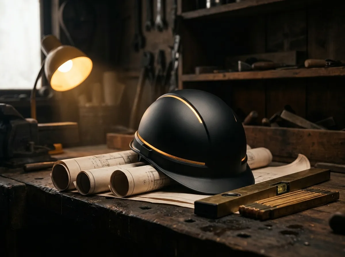 Black construction hard hat with an amber stripe on architectural blueprints, for contractor websites