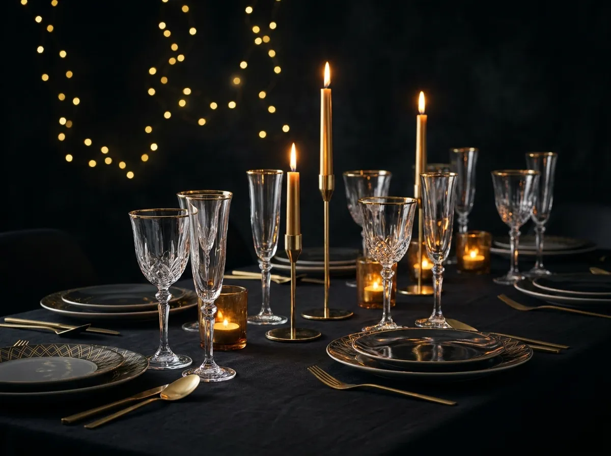 Evening event table with gold-rimmed glassware in warm candlelight, for event and party websites