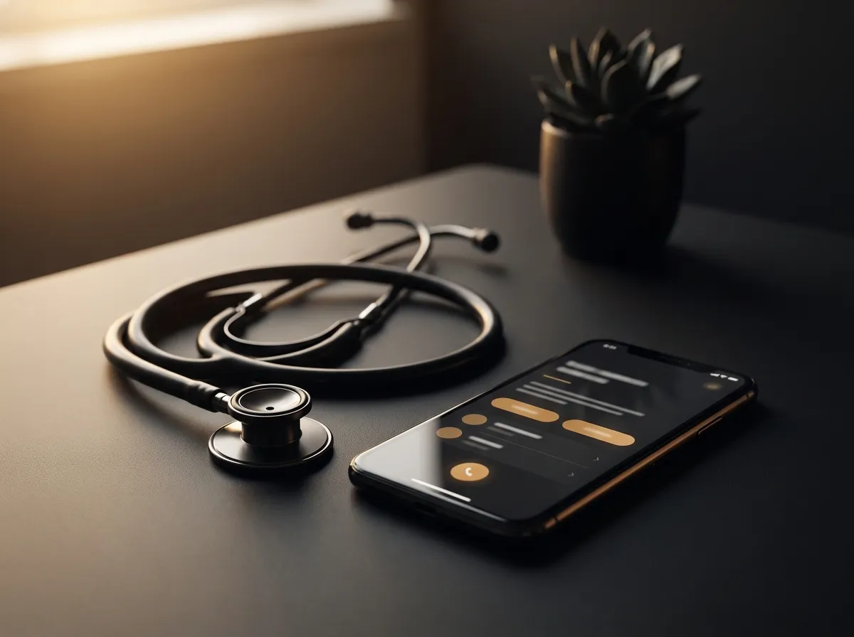 Stethoscope on a desk beside a phone showing an appointment app, for medical and wellness websites