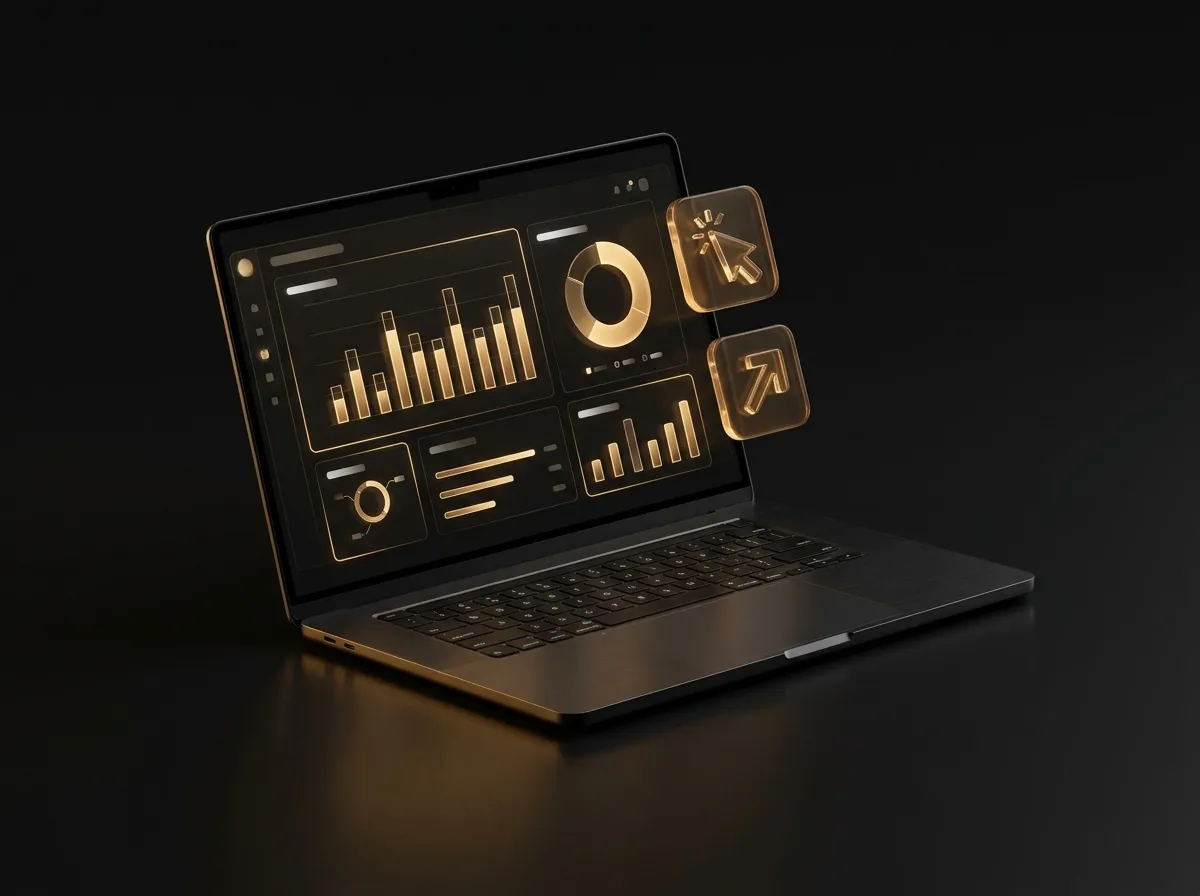 Laptop showing a marketing analytics dashboard with line, bar and donut charts