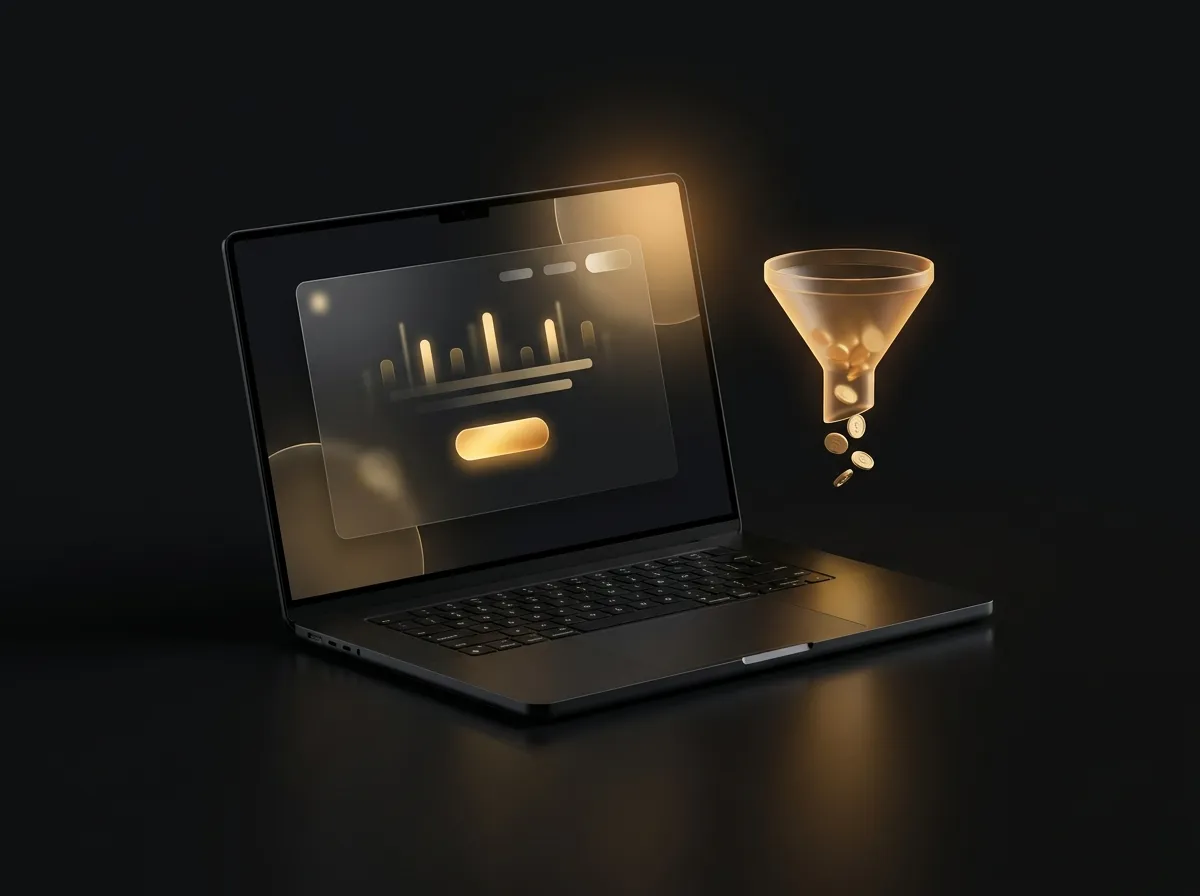 Laptop showing a dark landing page with an amber call-to-action button beside a conversion funnel graphic
