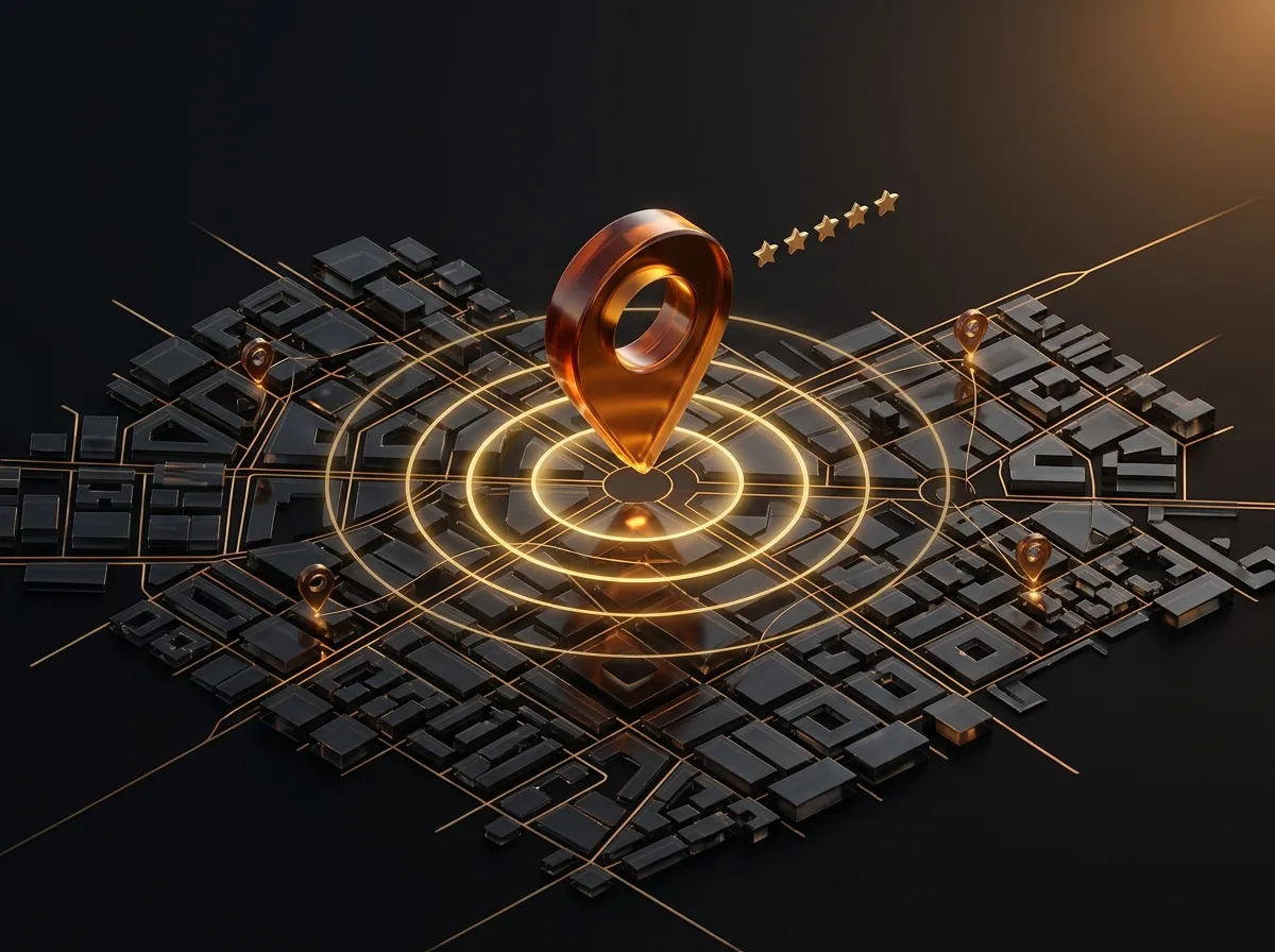 Glowing location pin with five stars above a dark 3D city map, representing local search visibility