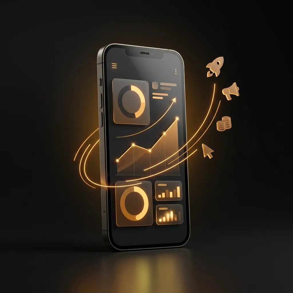 Smartphone showing an ad campaign dashboard with a rising chart and megaphone, coin and rocket icons