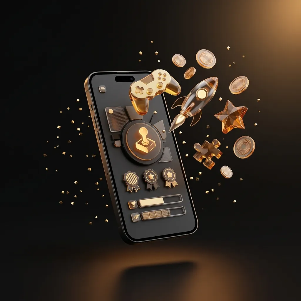 Smartphone with a game controller, rocket, star and puzzle pieces bursting from an app screen
