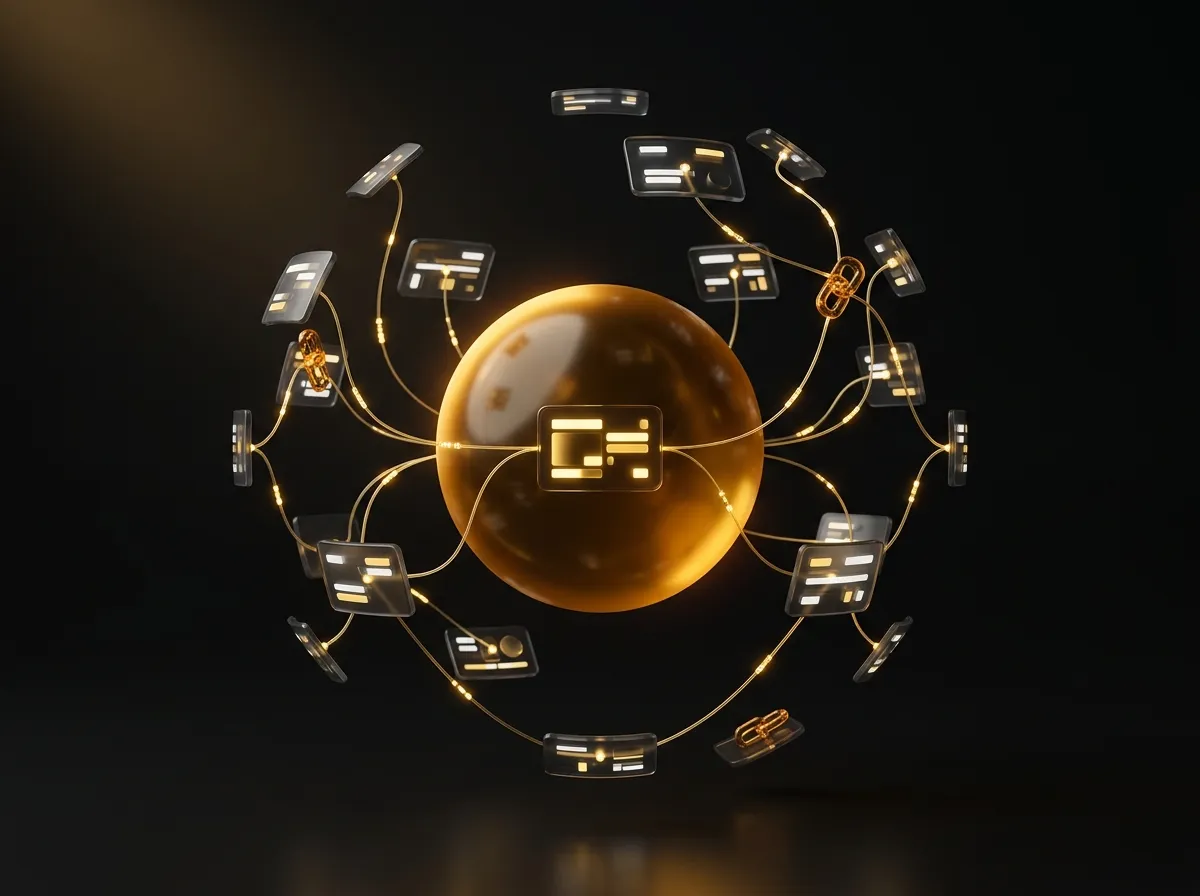 Glowing globe receiving link threads from a network of website panels, representing backlink authority