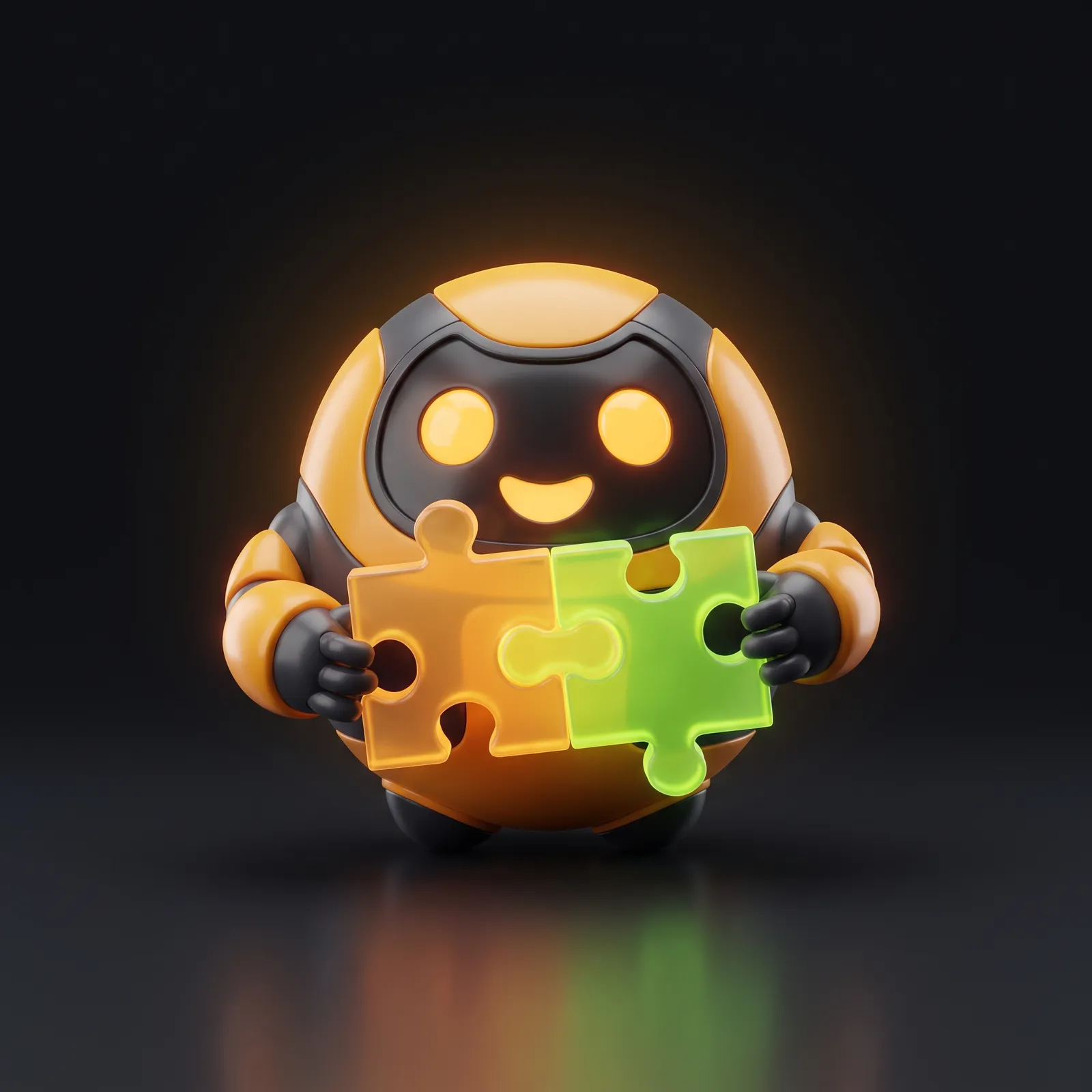 Amber and charcoal robot mascot joining two puzzle pieces, the JABstract partner network