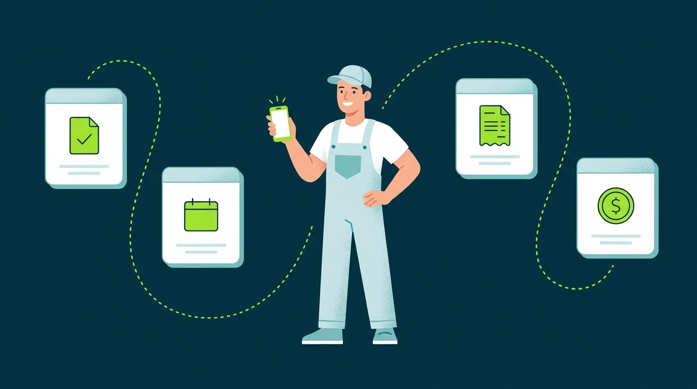 Home service professional with a smartphone surrounded by cards for quoting, scheduling, invoicing and getting paid