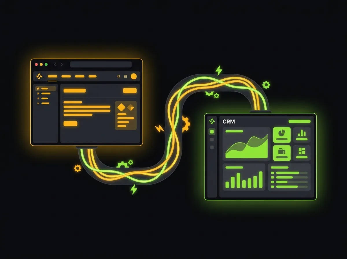 A website window connected to a CRM dashboard by amber automation pipelines