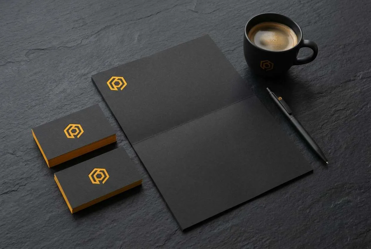 Black and amber branded stationery flat-lay with business cards, letterhead and a logo mark