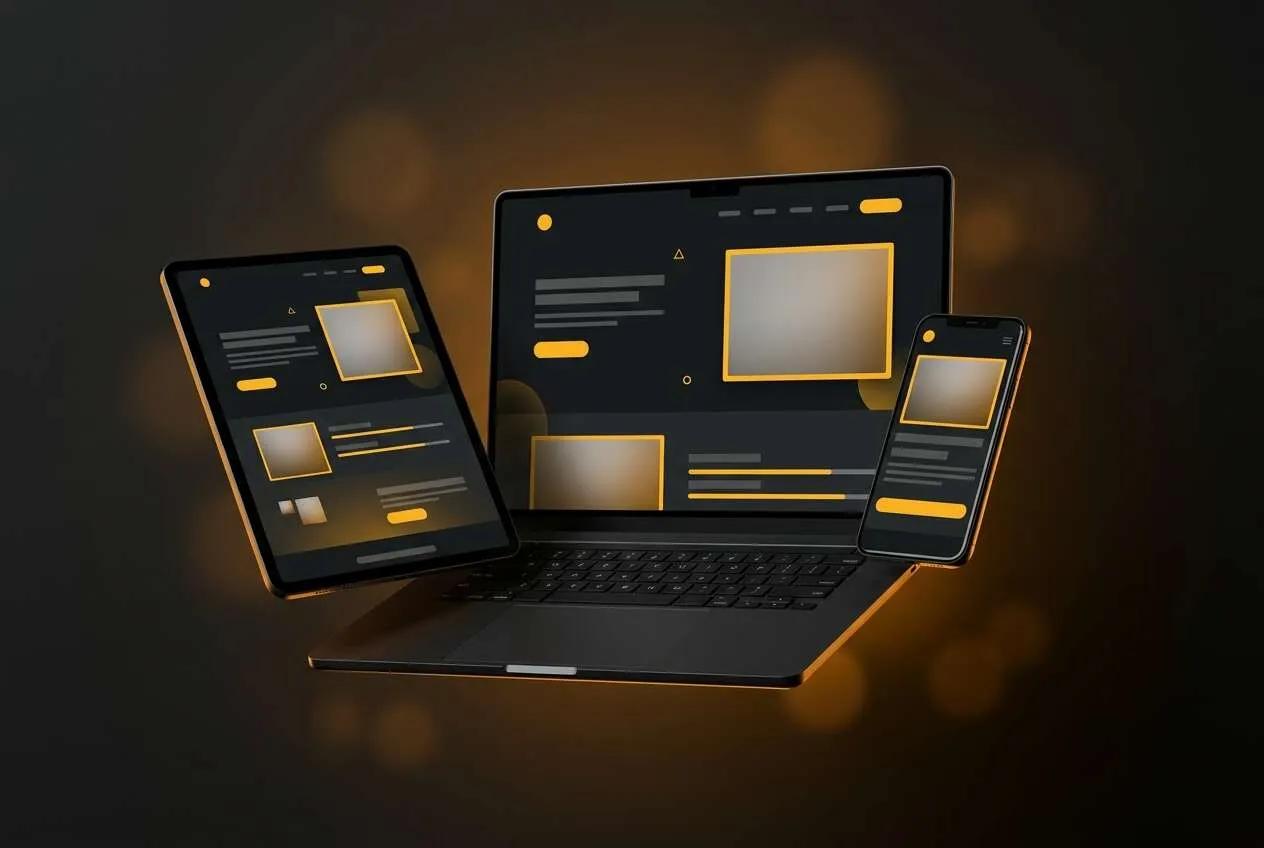 A laptop, tablet and phone showing amber-accented website designs on a dark background