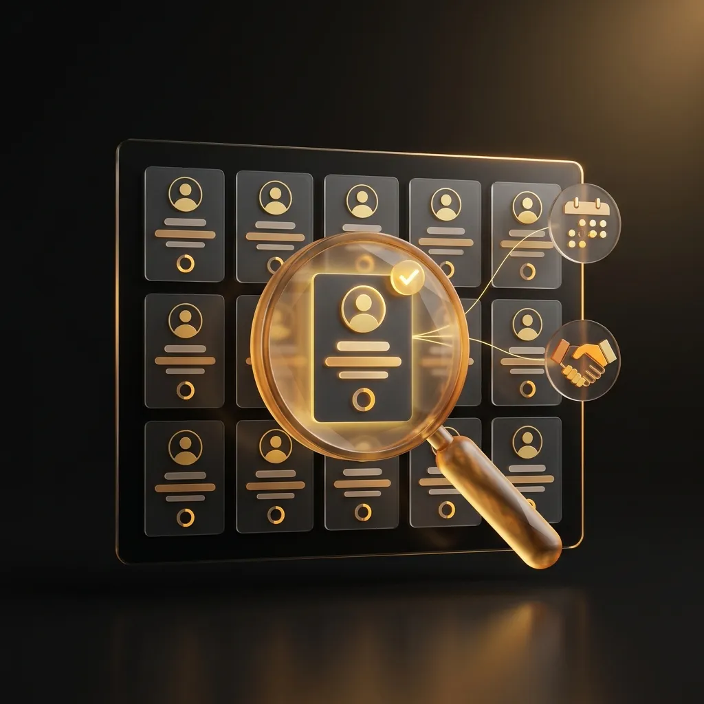 Magnifying lens highlighting the best candidate card on a recruitment board of profiles