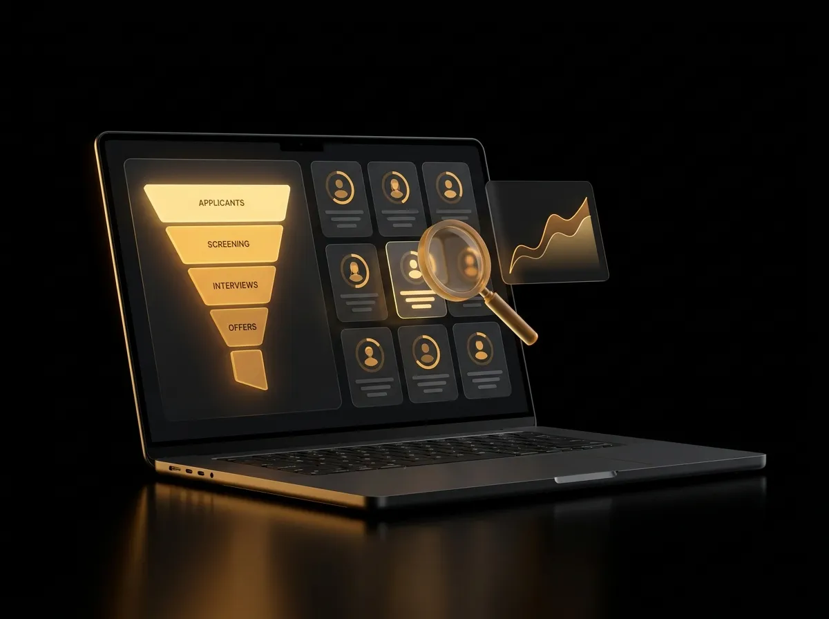 Laptop showing a recruitment dashboard with a hiring funnel and candidate cards