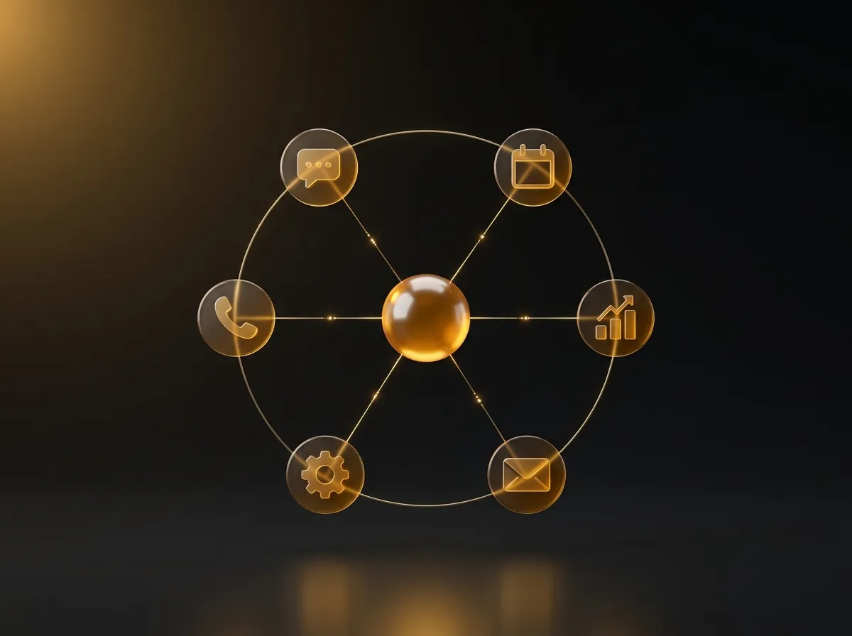 Amber glass hub connected to chat, calendar, chart, email, settings and phone icons, one connected system