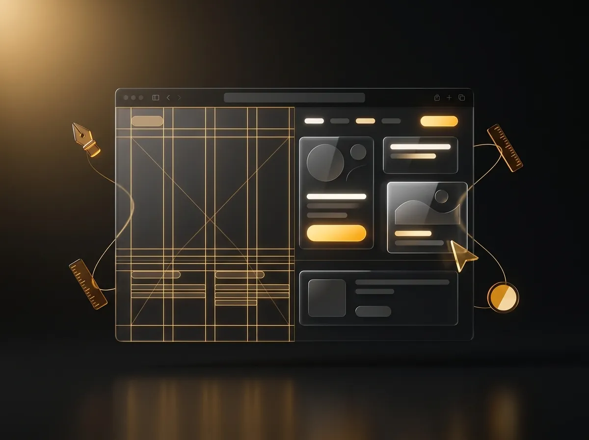 Browser window being assembled from amber wireframe grids and content cards
