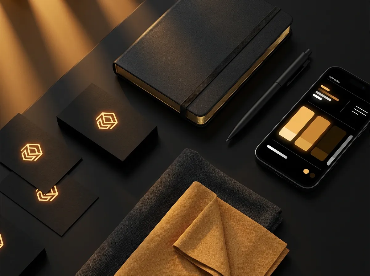Black and amber brand identity kit with business cards, notebook and style guide on a phone