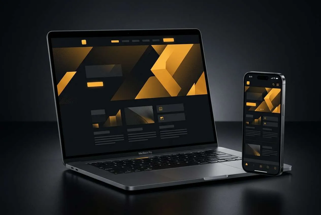 Laptop and smartphone showing the same dark website design with amber accents