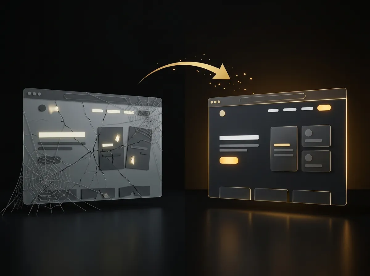 An outdated gray website transforming into a dark modern site with amber accents