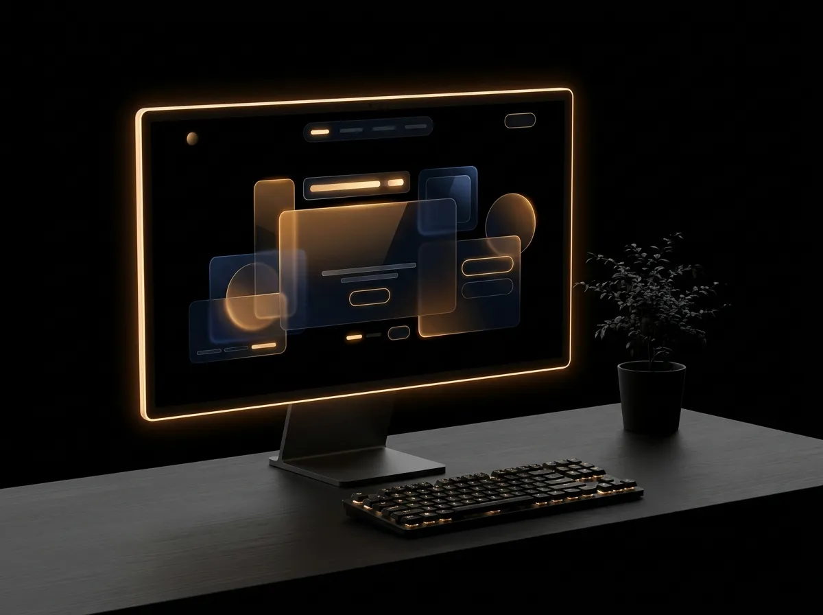 Desktop monitor showing a dark redesigned website with glass cards and amber buttons