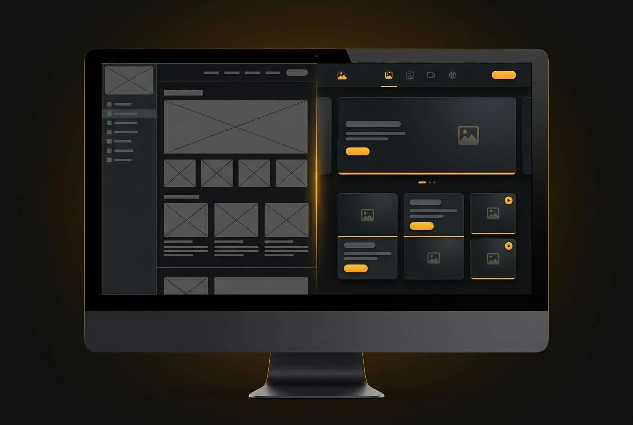 Monitor showing a website wireframe turning into a finished amber-accented layout