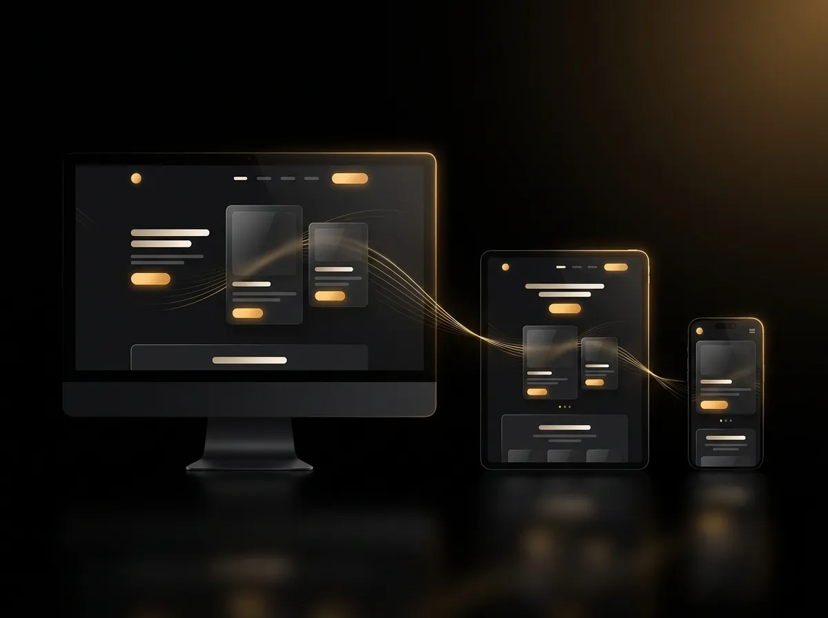 Desktop monitor, tablet and smartphone showing the same dark website adapting to each screen