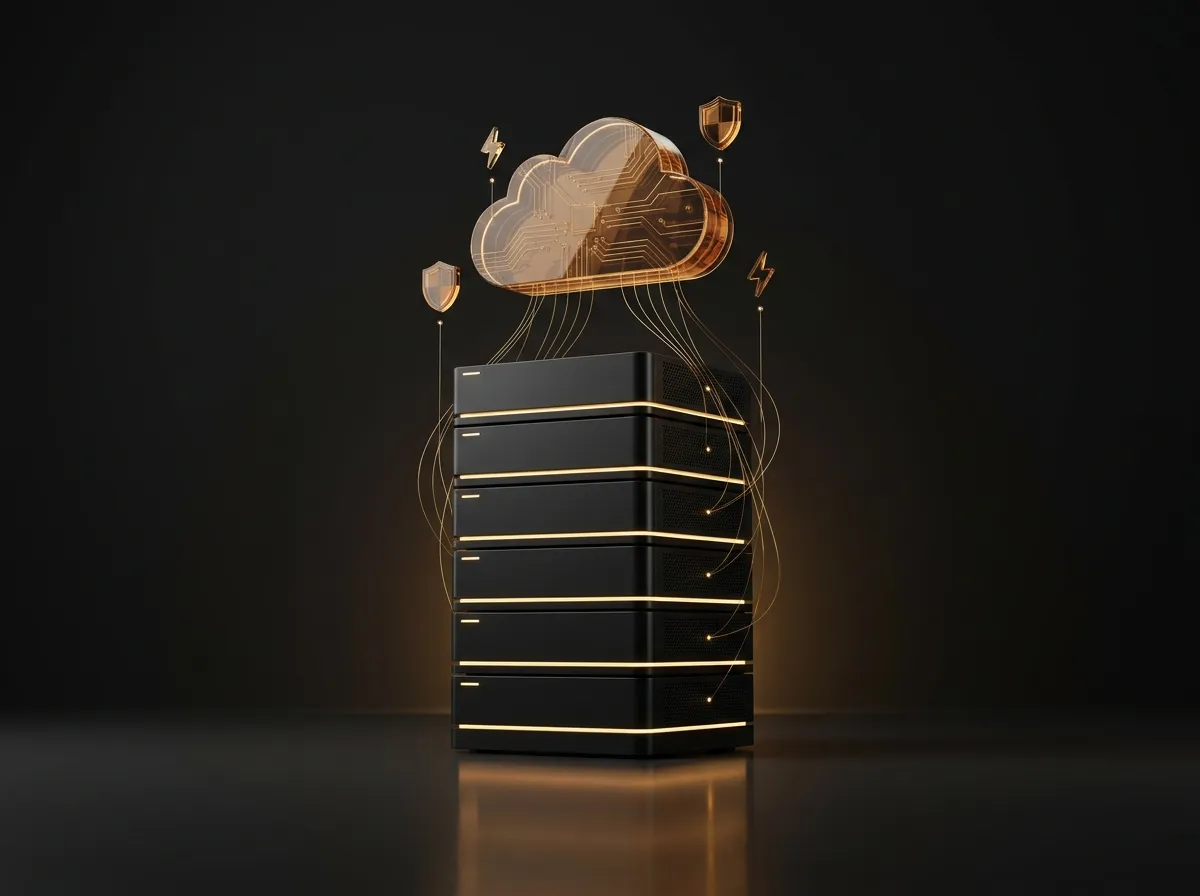 Black server tower with amber lights beneath a glowing cloud with shield and lightning icons