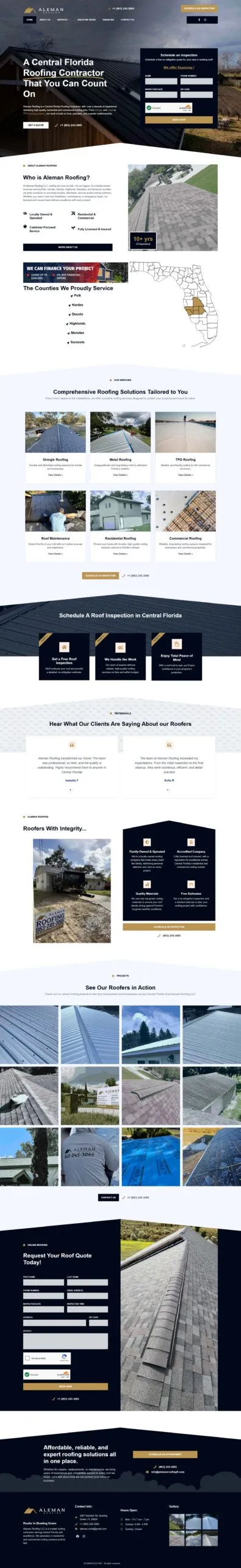 Full-page screenshot of the alemanroofingfl.com website