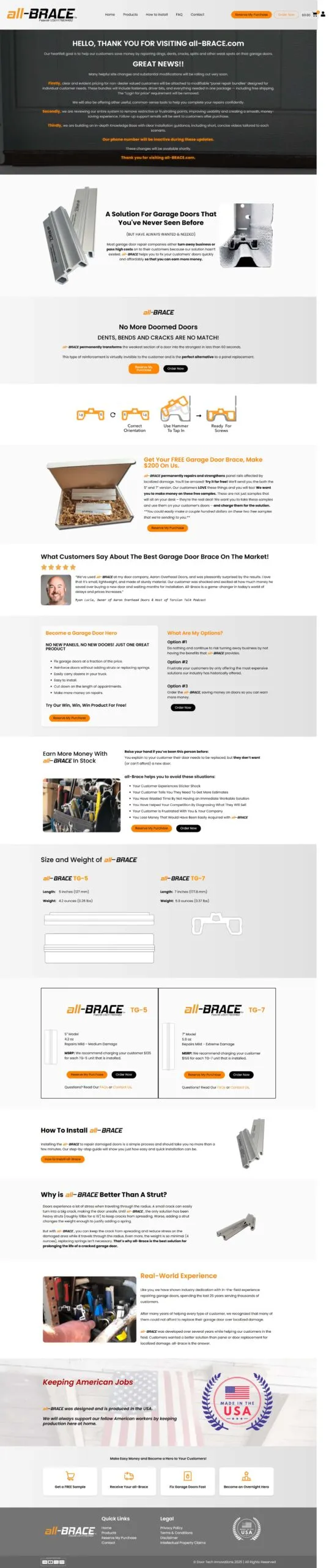 Full-page screenshot of the all-brace.com website