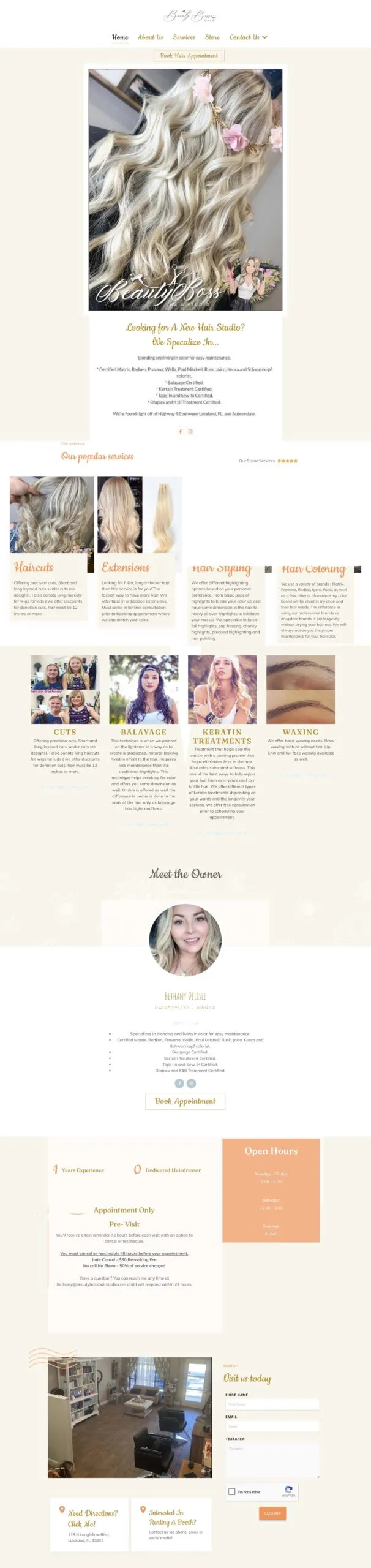 Full-page screenshot of the beautybosshairstudio.com website
