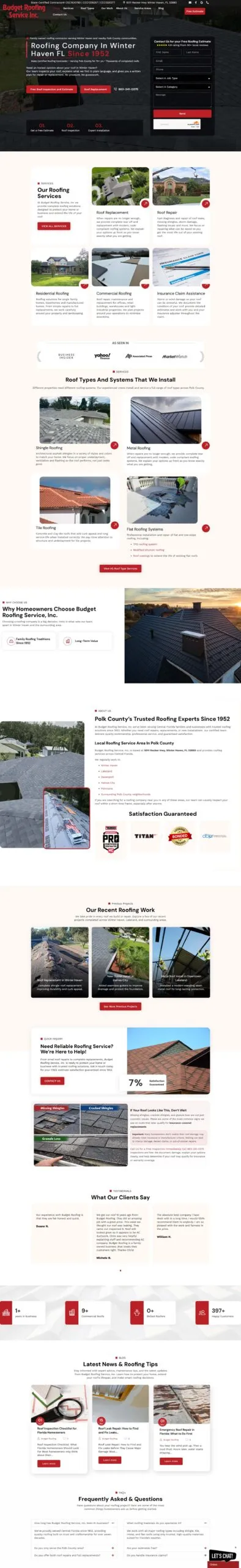 Full-page screenshot of the budgetroofingservice.com website